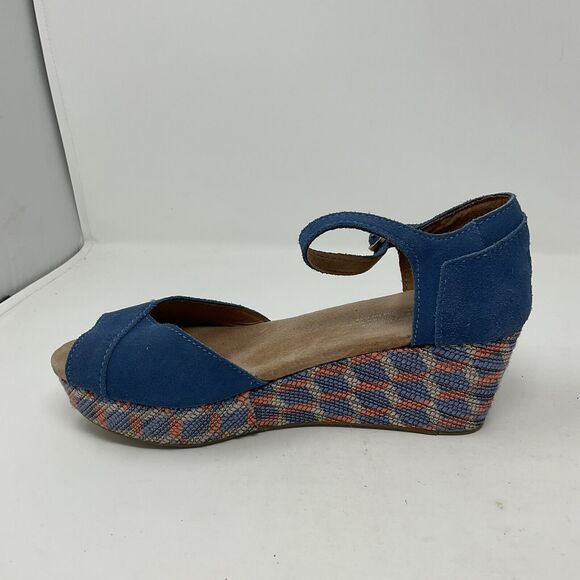 Toms Wedge Heel Shoes 7.5 Blue Suede Geometric Open Toe Sandals Ankle Strap - Picture 15 of 15
